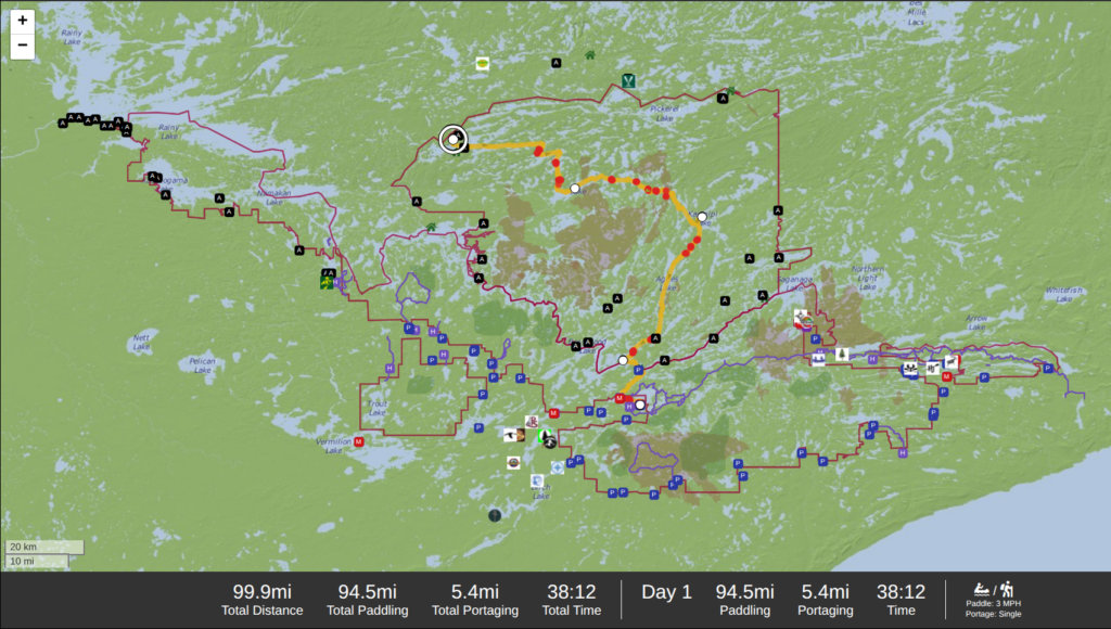 Our proposed route from Beaverhouse Lake all the way back to our start point at Snowbank to complete our BWCA traverse.
