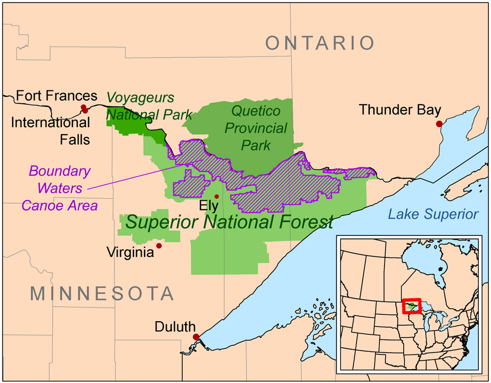 An overview map of the BWCAW and surrounding parks picked from the Wikipedia page.