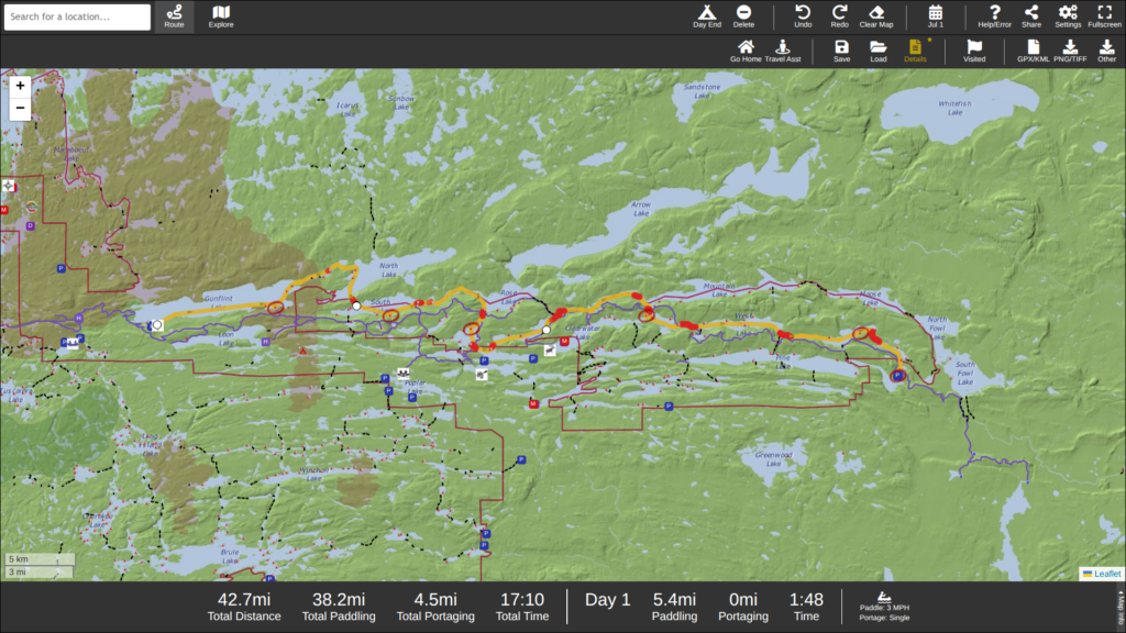 From Gunflint to Fowl Lake.  Tentative route of the second section of the big Trip.
